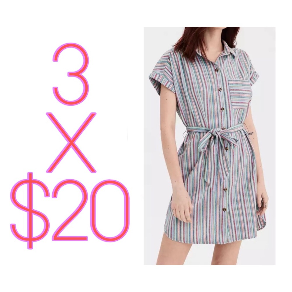 American Eagle Rainbow Striped Short Sleeve Button Front Shirt Dress Sz L